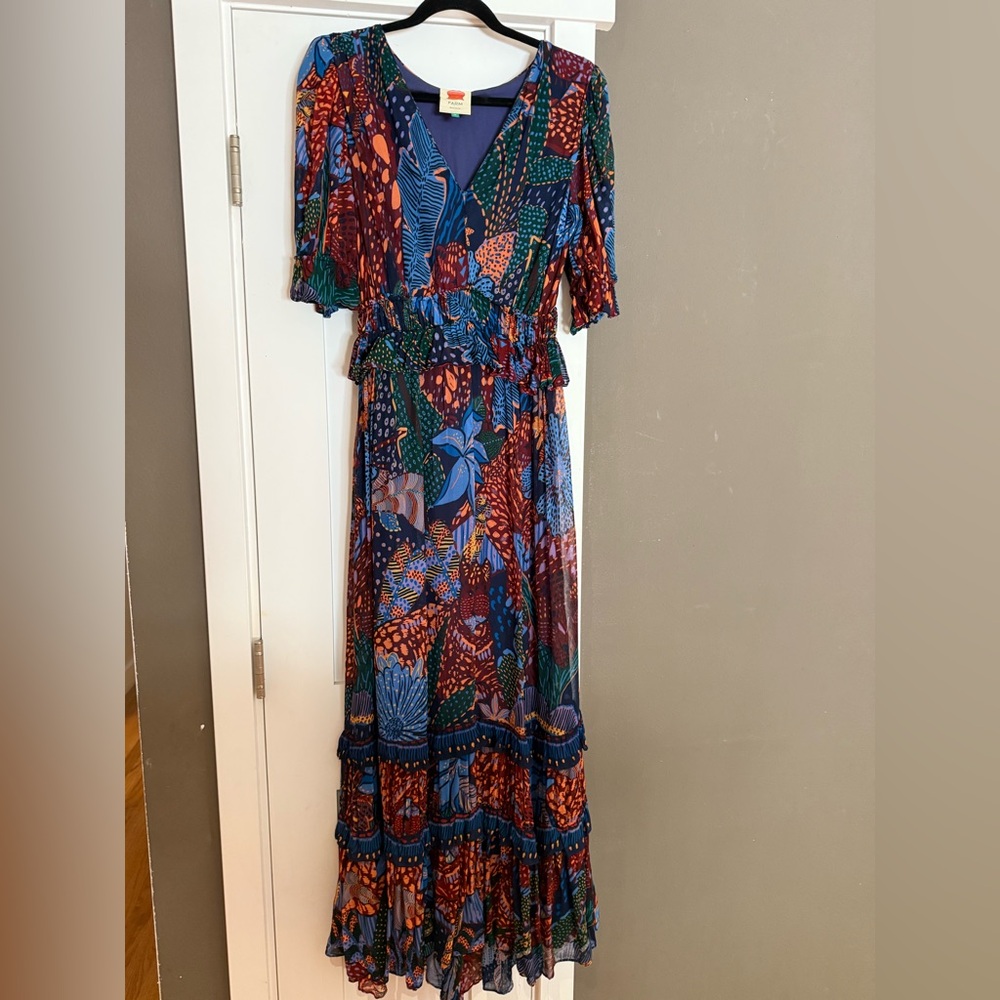 FARM Rio Blue Cool Leopard Ruffle Maxi Dress Size Small - Picture 11 of 11